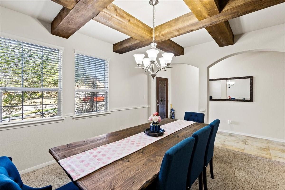 Chandelier, Dining room, Interior, Wooden Beams