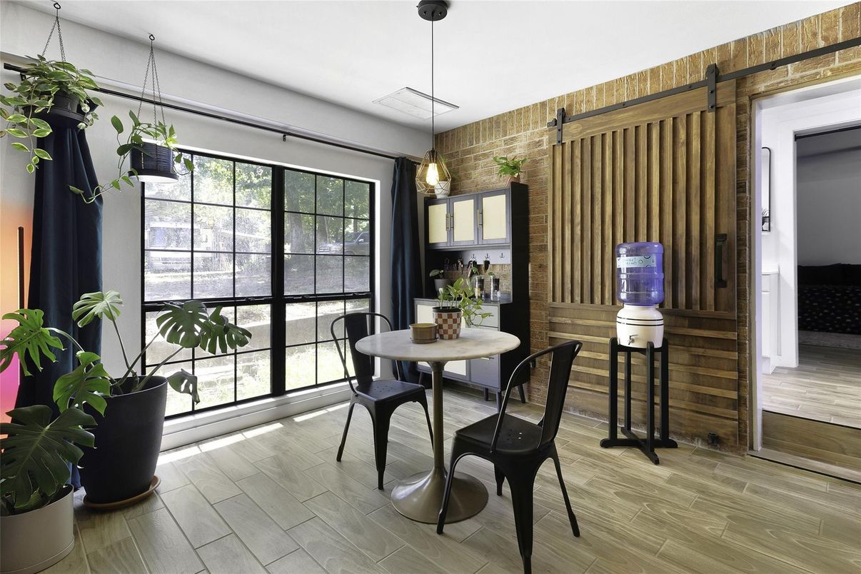 Dining room, Interior, Pendant Lights, Wood Texture Flooring