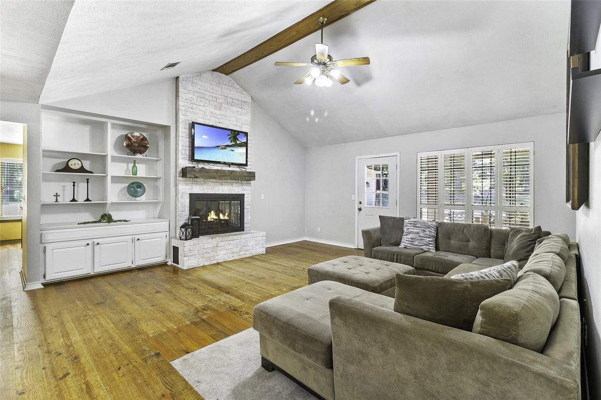 Fireplace, Interior, Living room, Stone Walls, Wood Texture Flooring