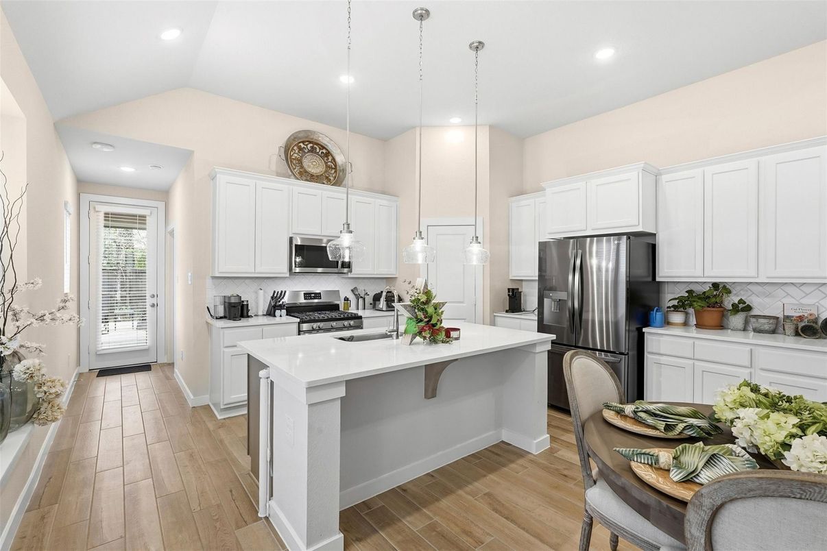 Interior, Kitchen, Pendant Lights, Recessed Lighting, Stainless Steel Appliances, Wood Texture Flooring