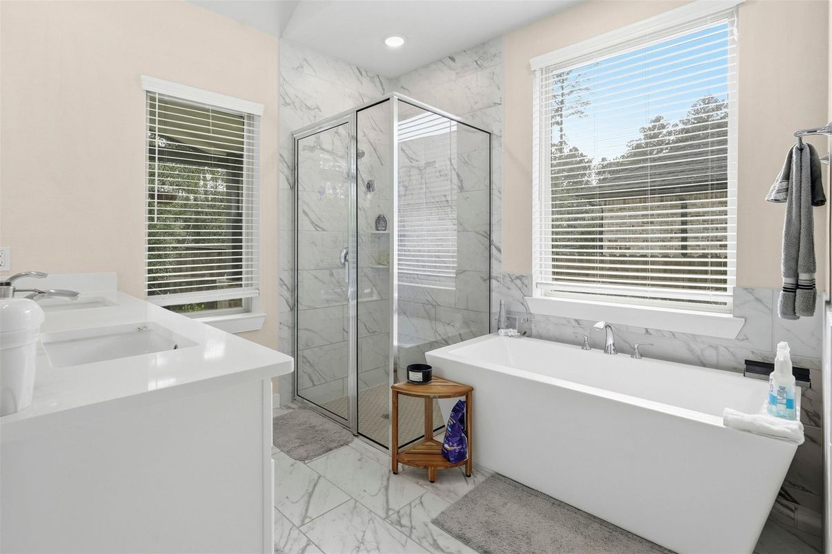Bathroom, Free Standing Baths, Glass Shower, Interior, Marble, Marble Walls, Recessed Lighting