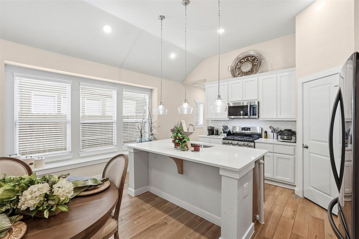 Interior, Kitchen, Pendant Lights, Recessed Lighting, Stainless Steel Appliances, Wood Texture Flooring