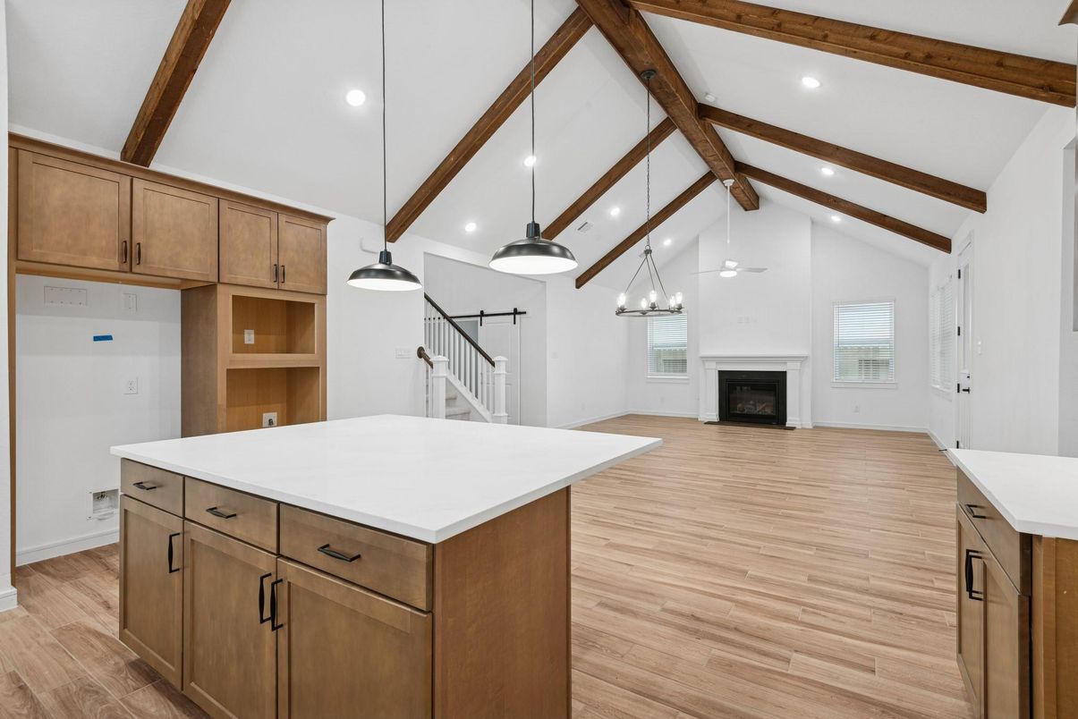 Empty room, Fireplace, Interior, Pendant Lights, Recessed Lighting, Wooden Beams, Wood Texture Flooring