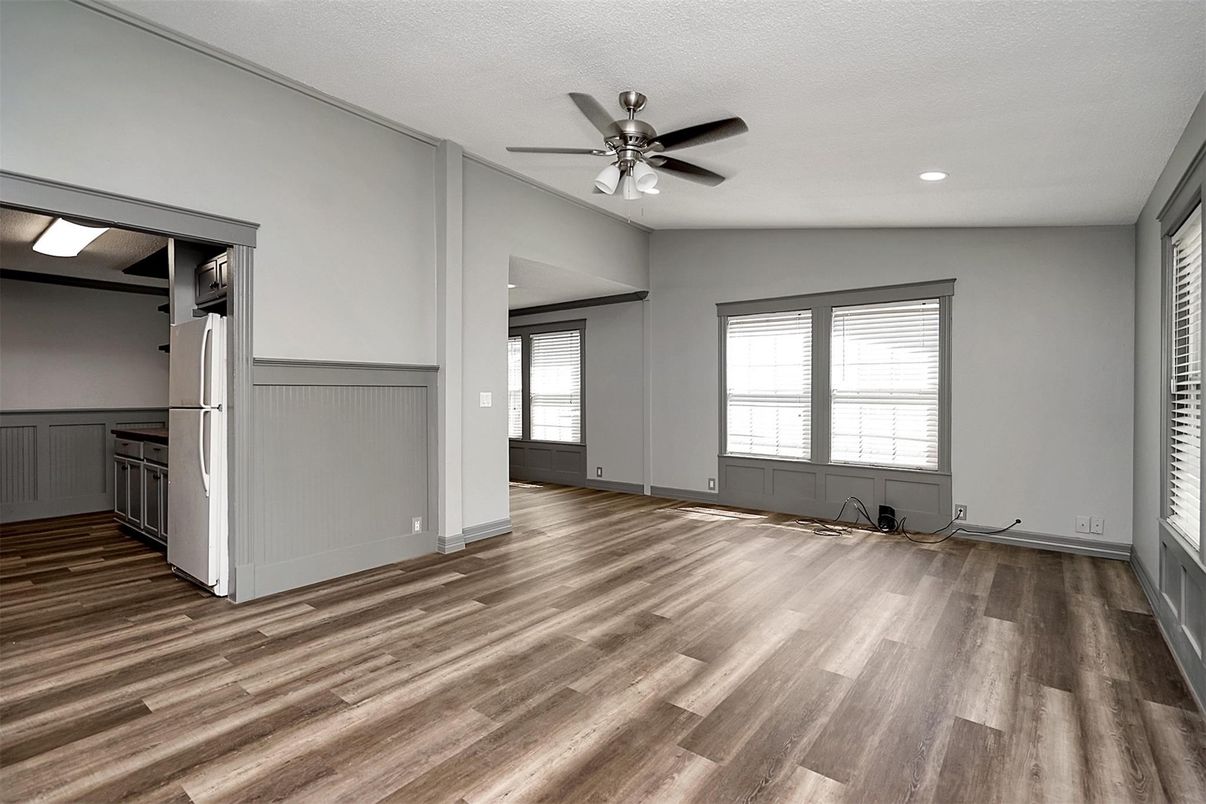 Empty room, Interior, Kitchen, Recessed Lighting, Wood Texture Flooring