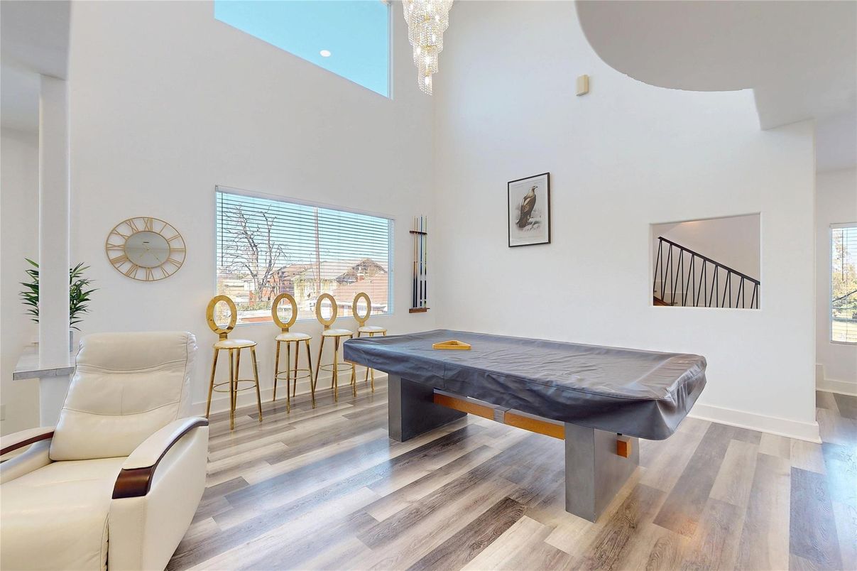 Billiard Table, Chandelier, Game Room, Interior, Wood Texture Flooring