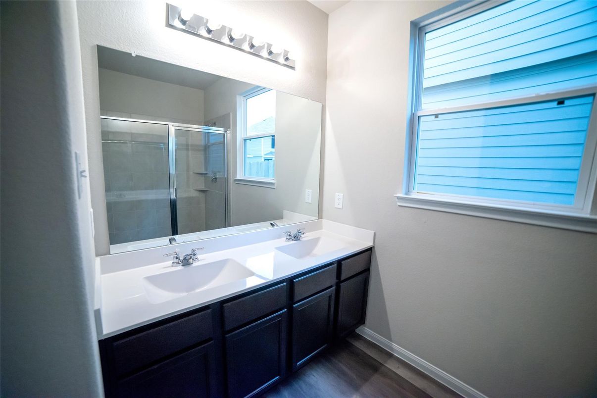 Bathroom, Dual Sink Vanities, Glass Shower, Interior, Wood Texture Flooring