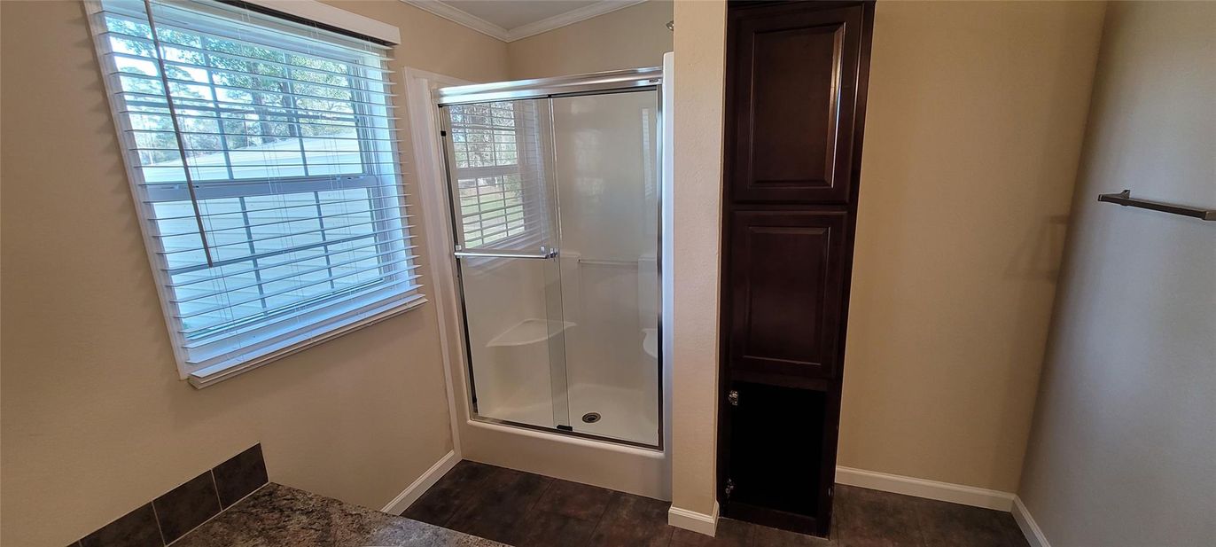 Bathroom, Glass Shower, Interior, Wood Texture Flooring