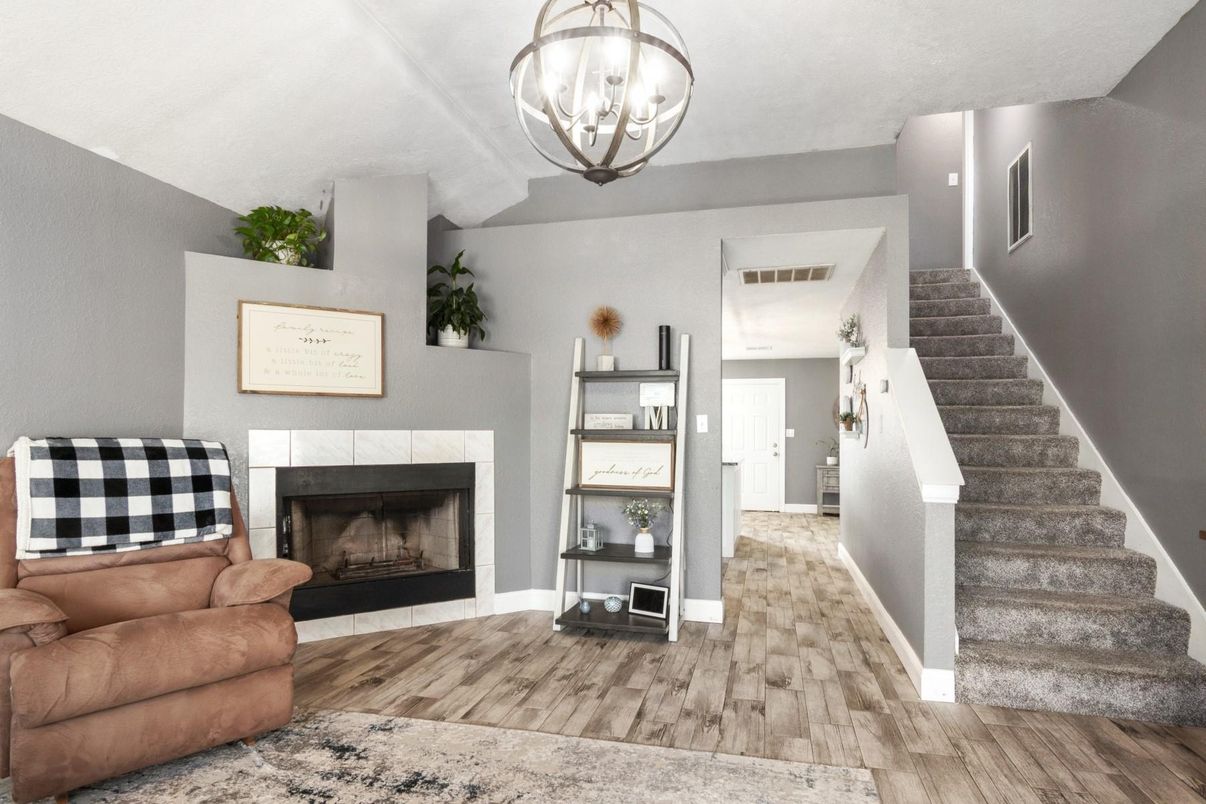 Fireplace, Interior, Pendant Lights, Wood Texture Flooring