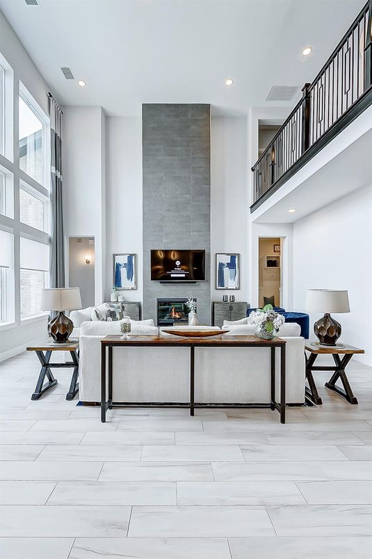 Fireplace, Interior, Living room, Marble, Recessed Lighting