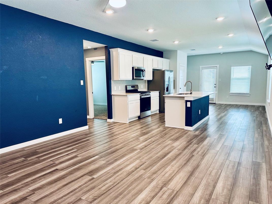 Interior, Kitchen, Recessed Lighting, Stainless Steel Appliances, Wood Texture Flooring