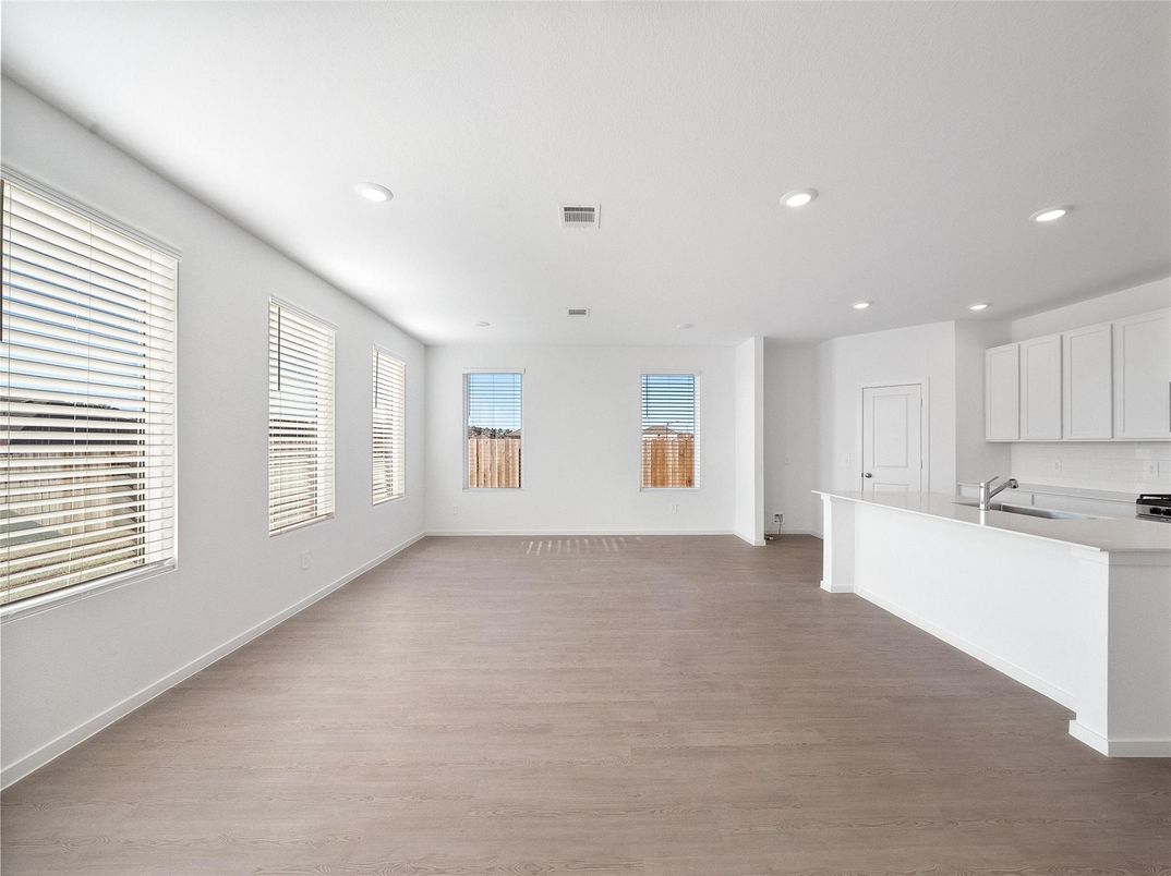 Empty room, Interior, Kitchen, Recessed Lighting, Wood Texture Flooring