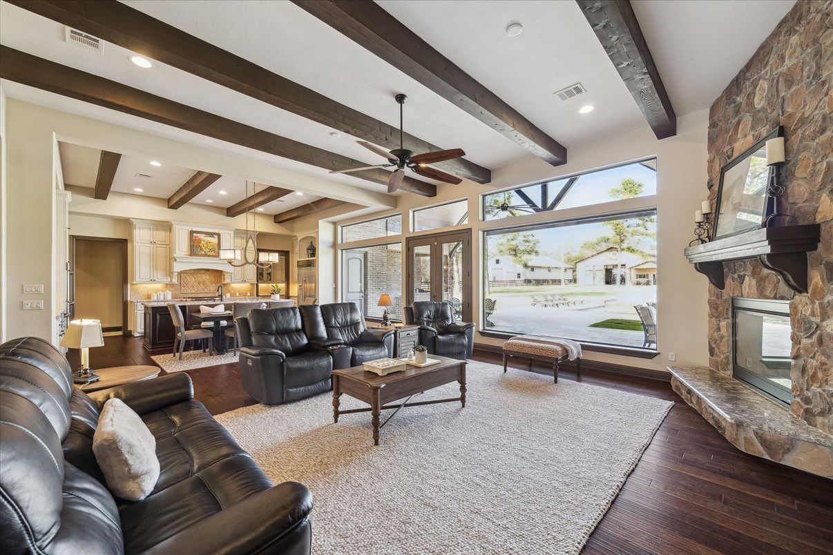 Dining room, Fireplace, Interior, Kitchen, Living room, Pendant Lights, Recessed Lighting, Stone Walls, Wooden Beams, Wood Texture Flooring