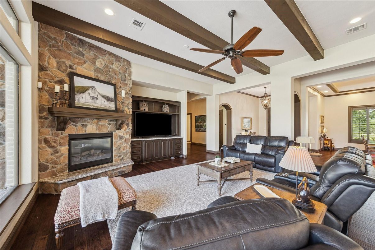 Fireplace, Interior, Living room, Recessed Lighting, Stone Walls, Wooden Beams, Wood Texture Flooring