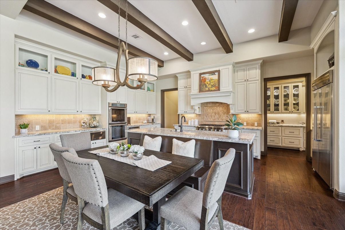 Dining room, Interior, Kitchen, Pendant Lights, Recessed Lighting, Stainless Steel Appliances, Wooden Beams, Wood Texture Flooring