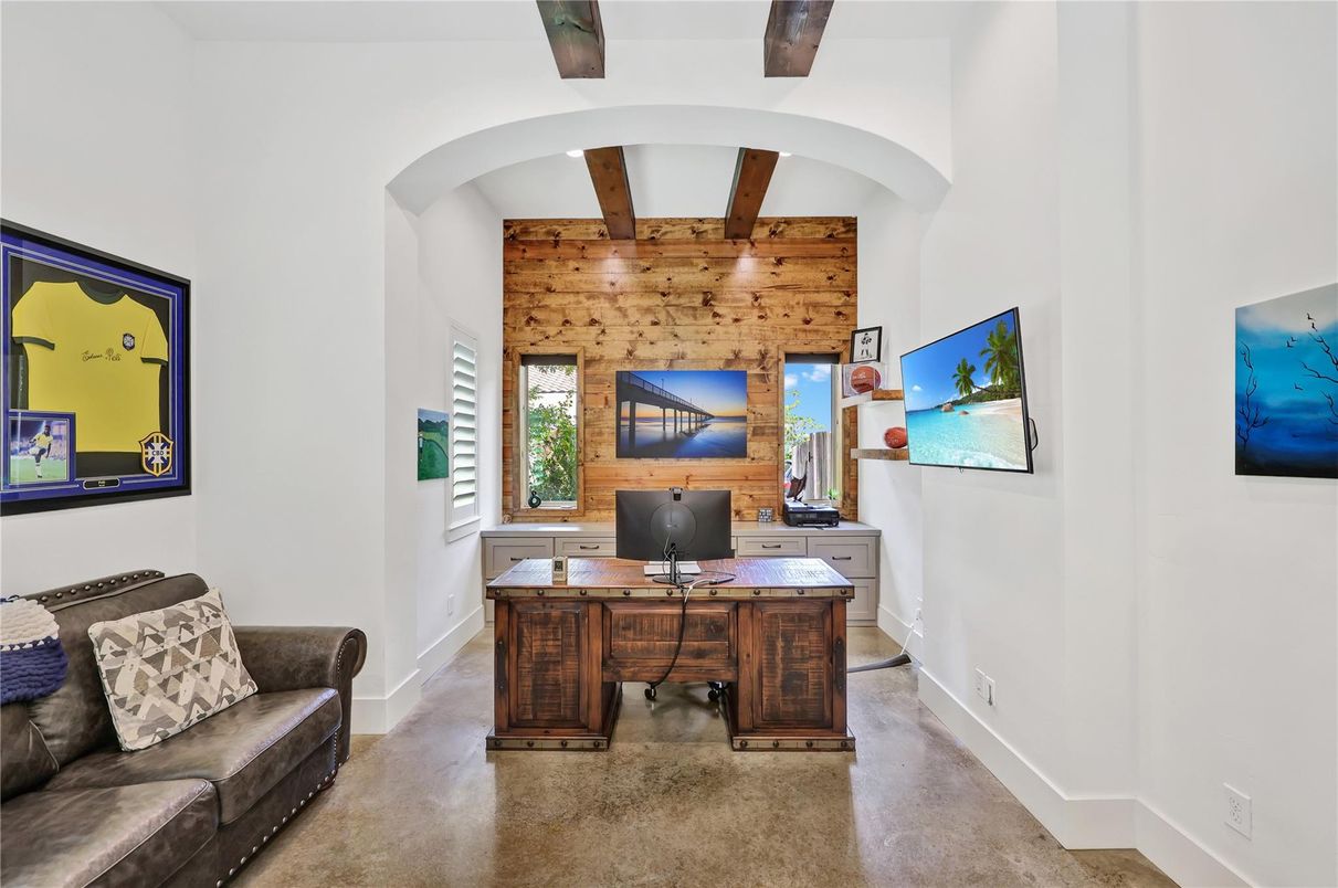 Home Office, Interior, Recessed Lighting, Stone Walls, Wooden Beams