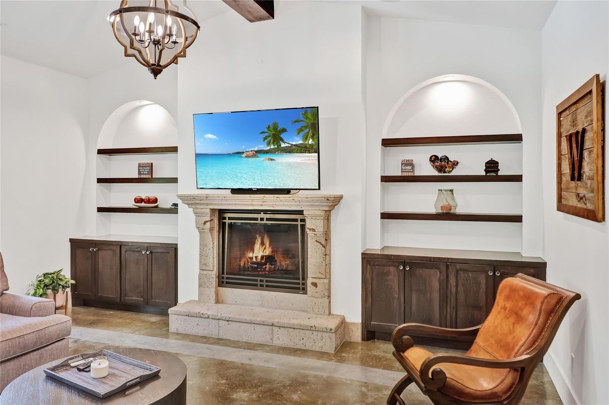 Chandelier, Fireplace, Interior, Living room, Wooden Beams