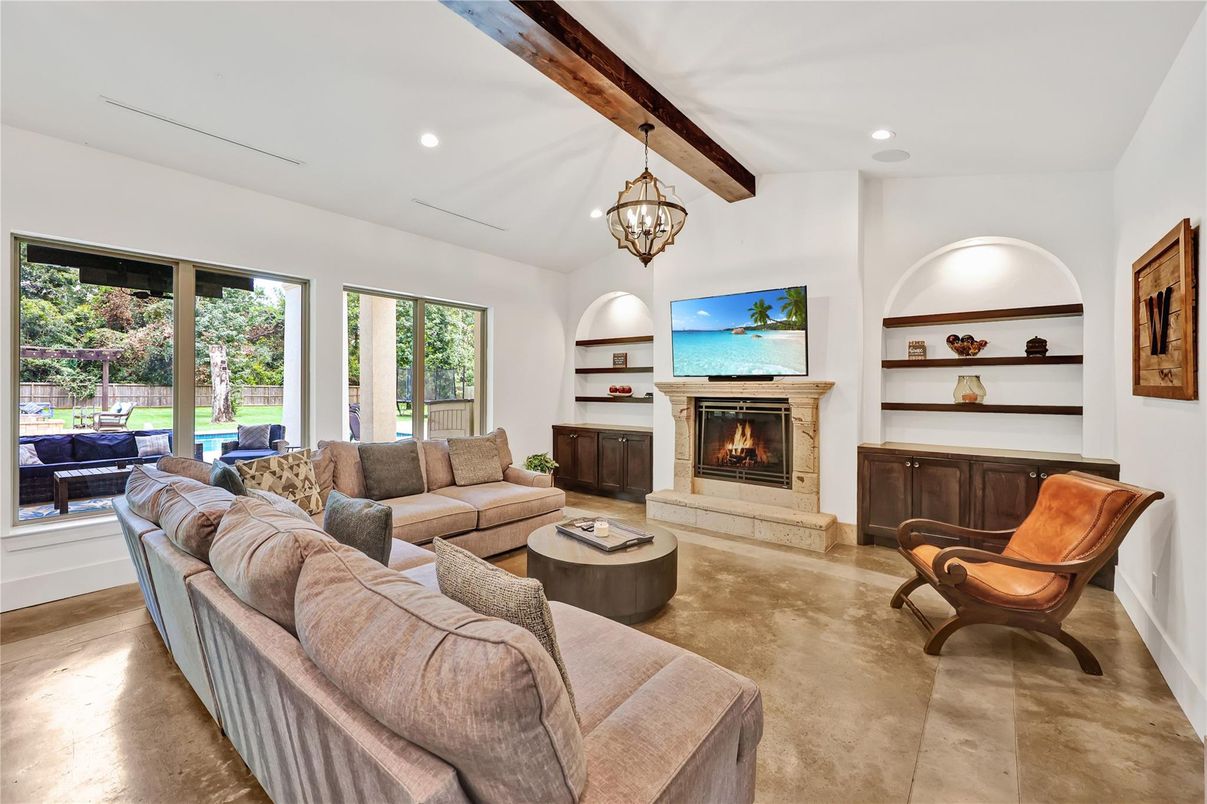 Fireplace, Interior, Living room, Pendant Lights, Recessed Lighting, Wooden Beams