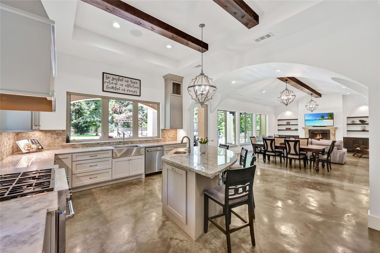 Chandelier, Dining room, Fireplace, Interior, Kitchen, Pendant Lights, Recessed Lighting, Stainless Steel Appliances, Wooden Beams