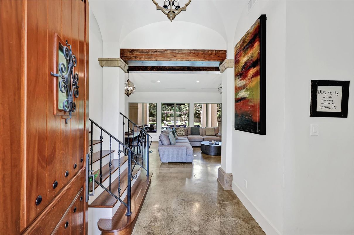 Chandelier, Interior, Living room, Recessed Lighting, Wooden Beams