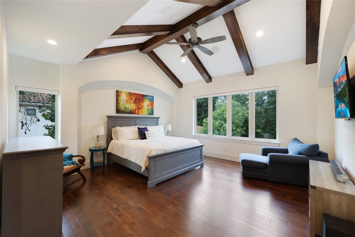 Bedroom, Interior, Recessed Lighting, Wooden Beams, Wood Texture Flooring