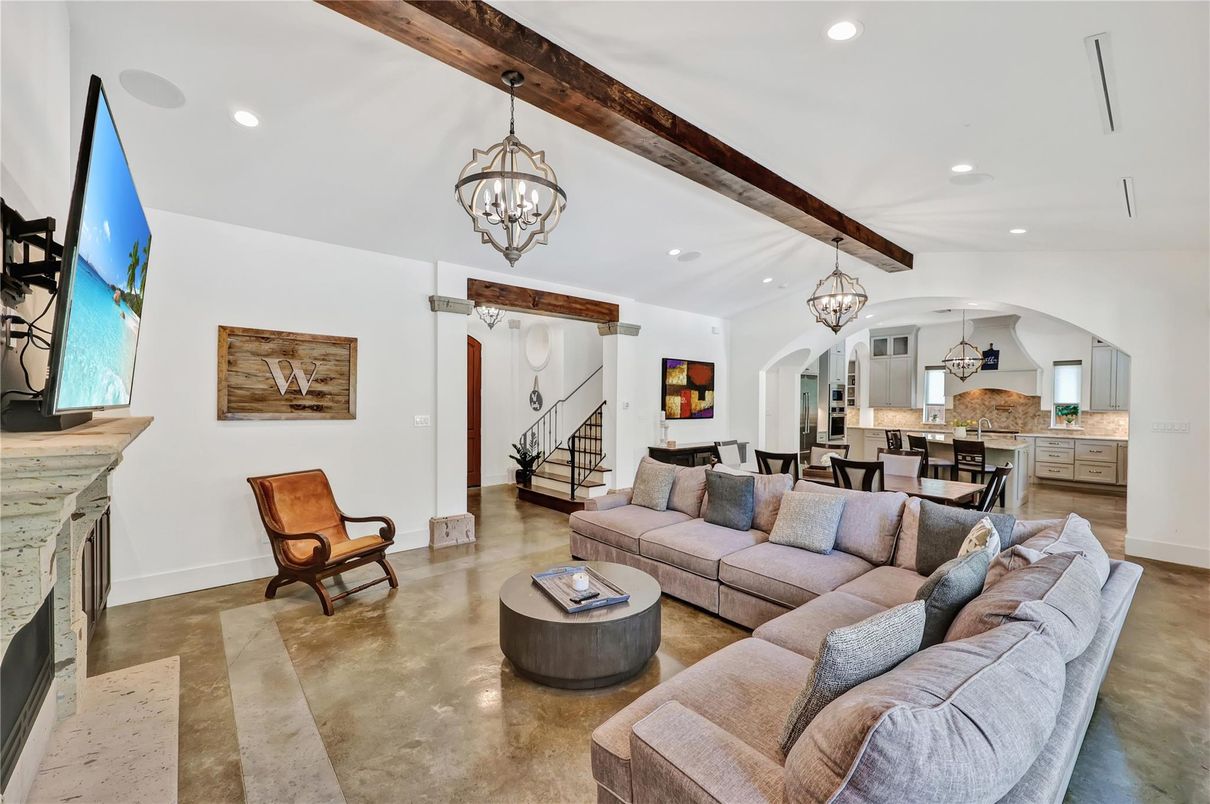 Chandelier, Dining room, Fireplace, Interior, Kitchen, Living room, Pendant Lights, Recessed Lighting, Wooden Beams