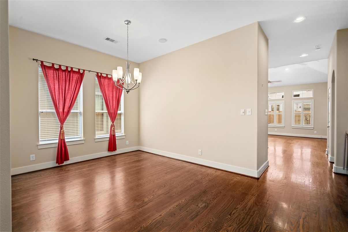 Chandelier, Empty room, Interior, Recessed Lighting, Wood Texture Flooring