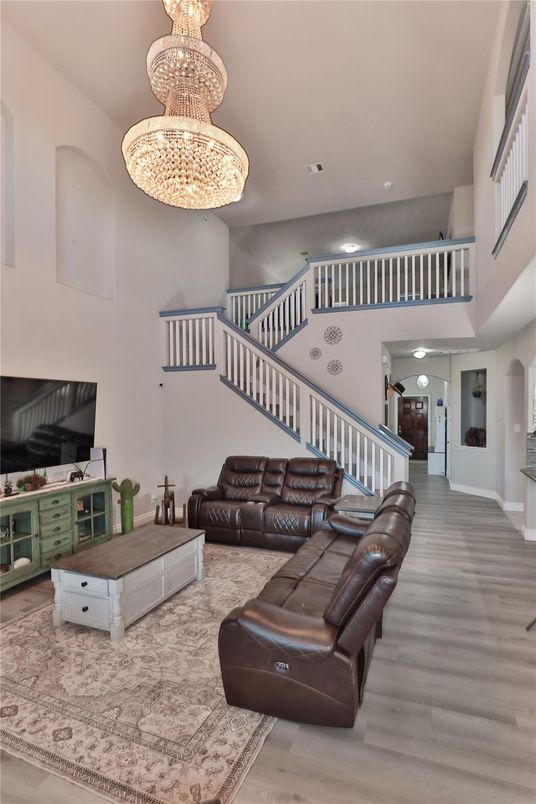 Chandelier, Interior, Living room, Recessed Lighting, Wood Texture Flooring