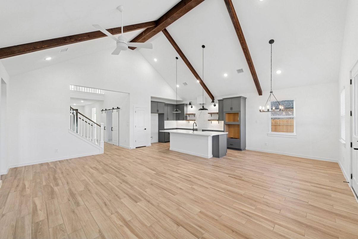 Empty room, Interior, Kitchen, Pendant Lights, Recessed Lighting, Wooden Beams, Wood Texture Flooring