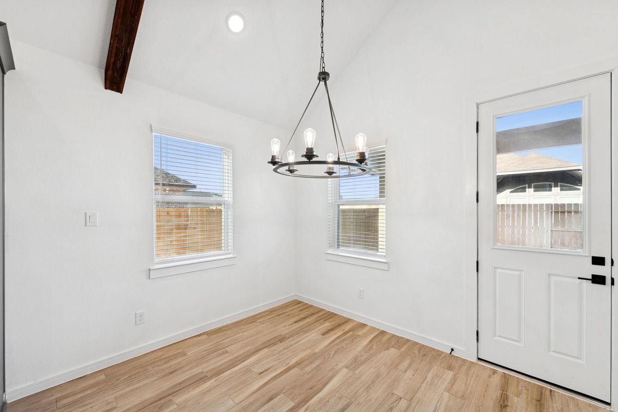 Chandelier, Empty room, Interior, Pendant Lights, Recessed Lighting, Wooden Beams, Wood Texture Flooring