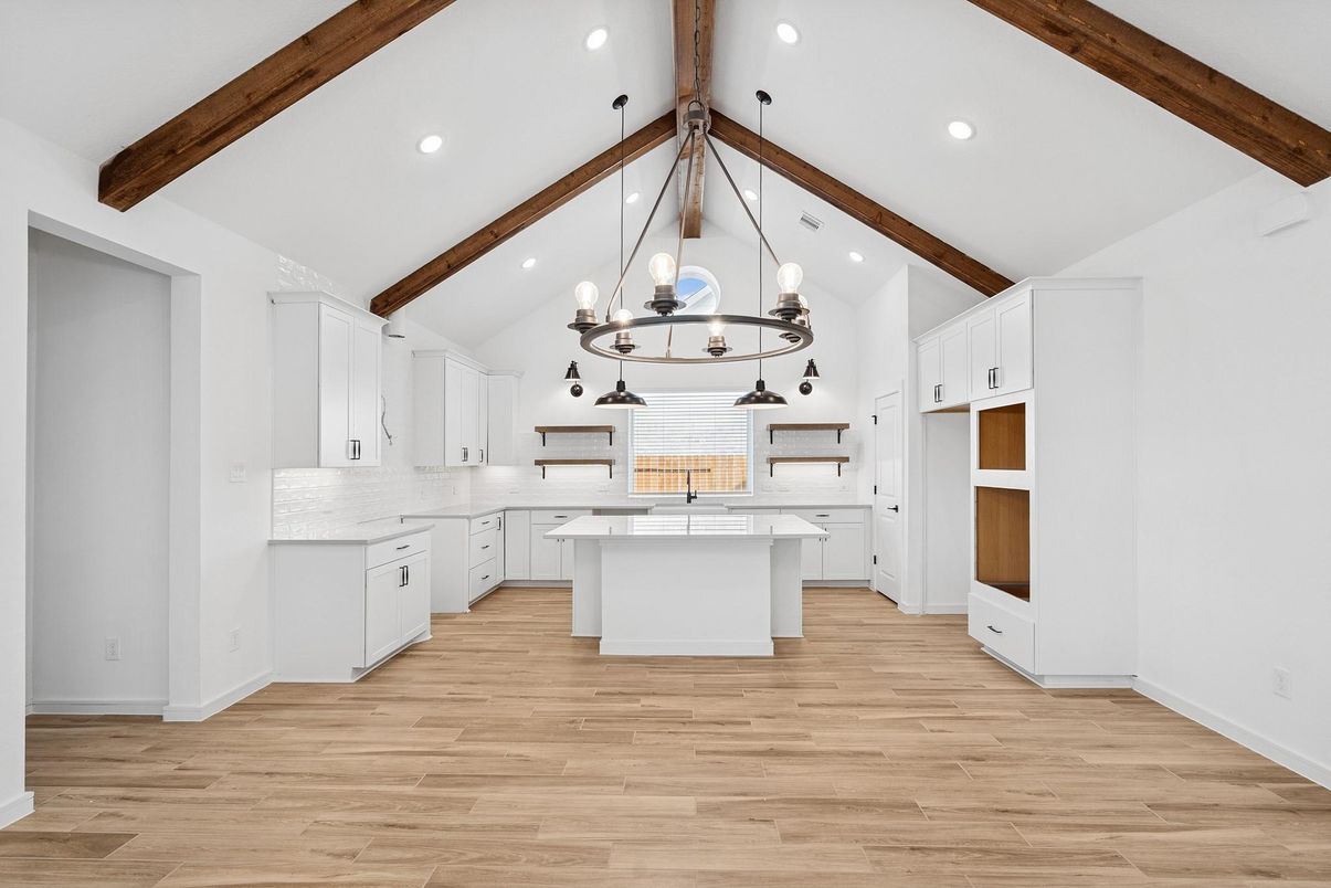 Chandelier, Interior, Kitchen, Pendant Lights, Recessed Lighting, Wooden Beams, Wood Texture Flooring
