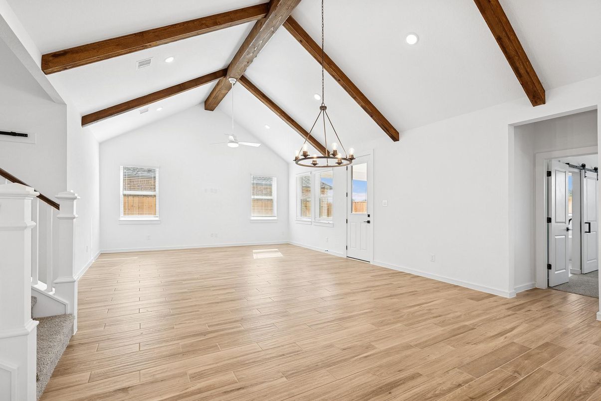Empty room, Interior, Pendant Lights, Recessed Lighting, Wooden Beams, Wood Texture Flooring