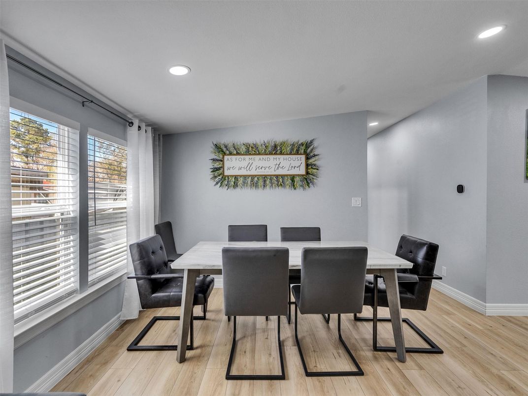 Dining room, Interior, Recessed Lighting, Wood Texture Flooring