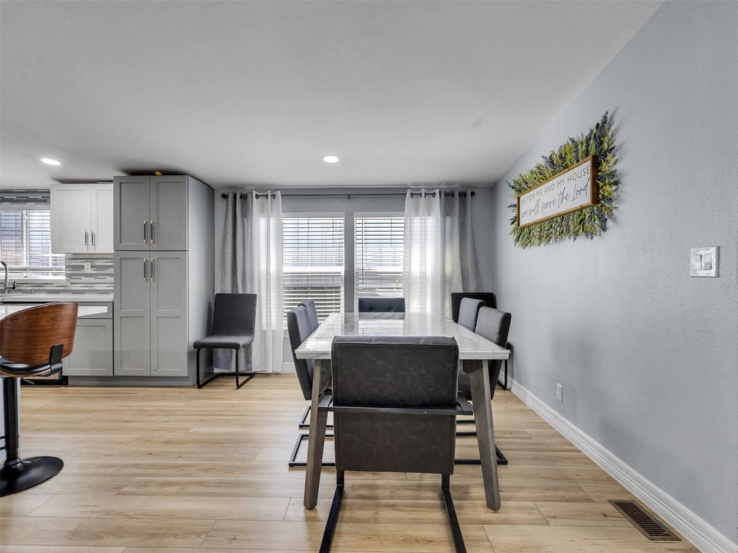 Dining room, Interior, Recessed Lighting, Wood Texture Flooring