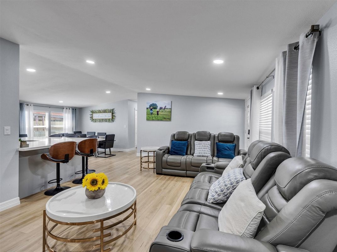 Home Theatre Room, Dining room, Interior, Living room, Recessed Lighting, Wood Texture Flooring