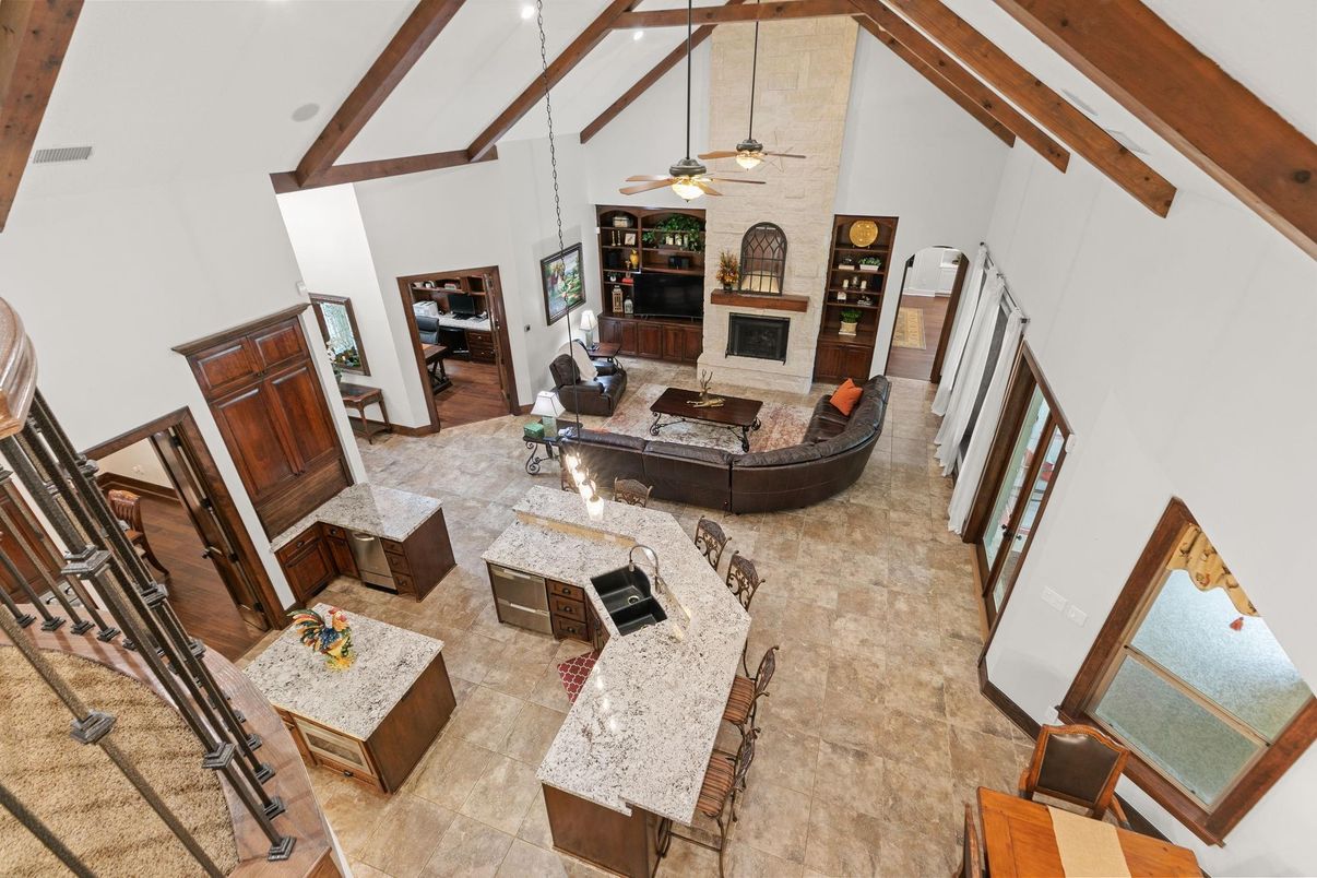 Fireplace, Interior, Living room, Recessed Lighting, Wooden Beams