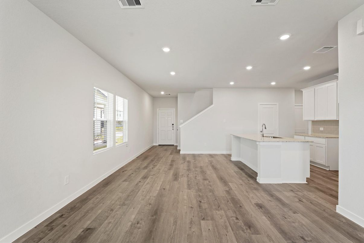 Empty room, Interior, Kitchen, Recessed Lighting, Wood Texture Flooring