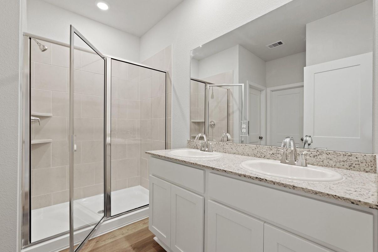 Bathroom, Dual Sink Vanities, Glass Shower, Interior, Recessed Lighting, Wood Texture Flooring