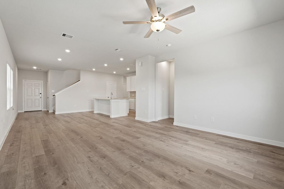 Empty room, Interior, Kitchen, Recessed Lighting, Wood Texture Flooring