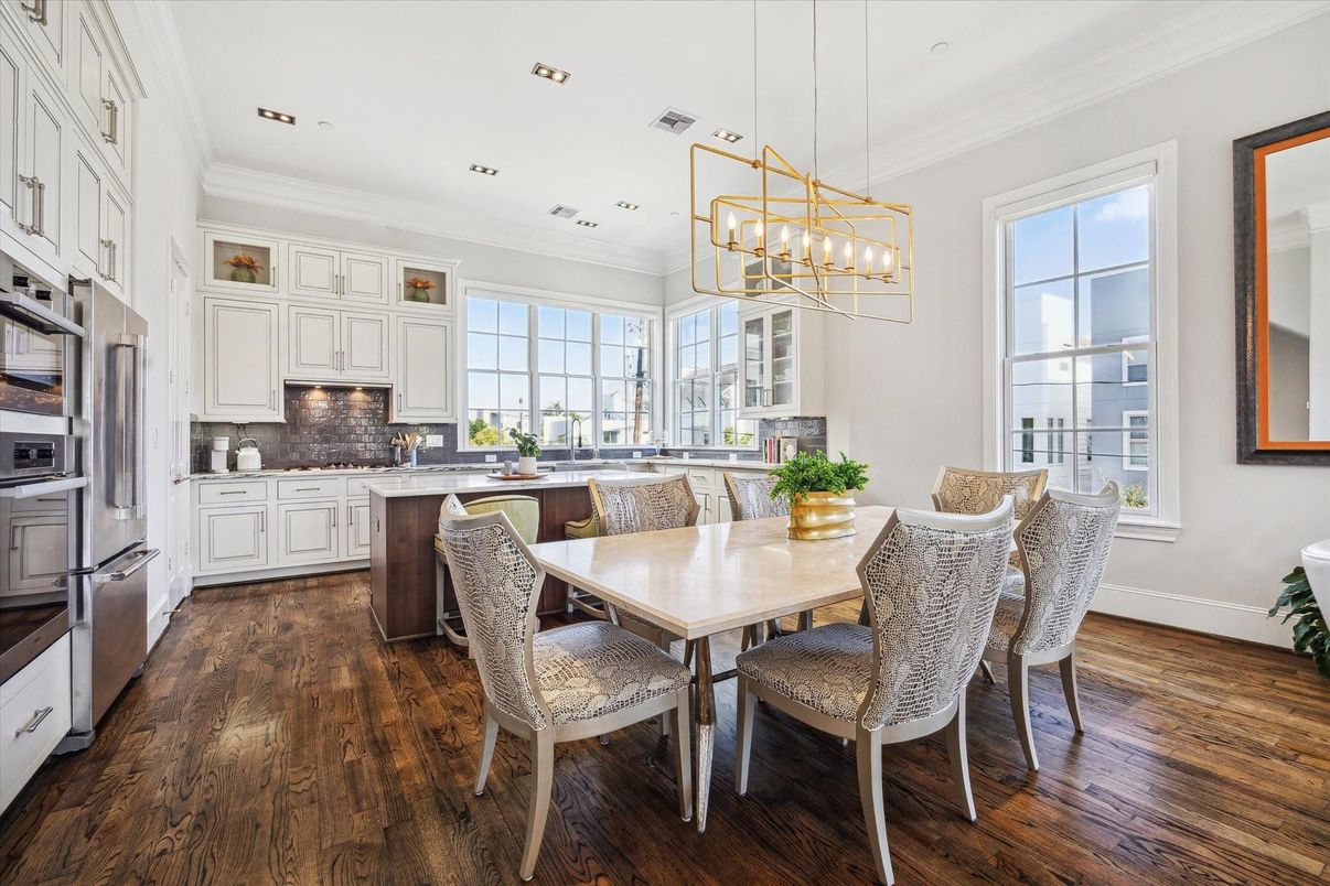 Dining room, Interior, Kitchen, Pendant Lights, Recessed Lighting, Stainless Steel Appliances, Wood Texture Flooring