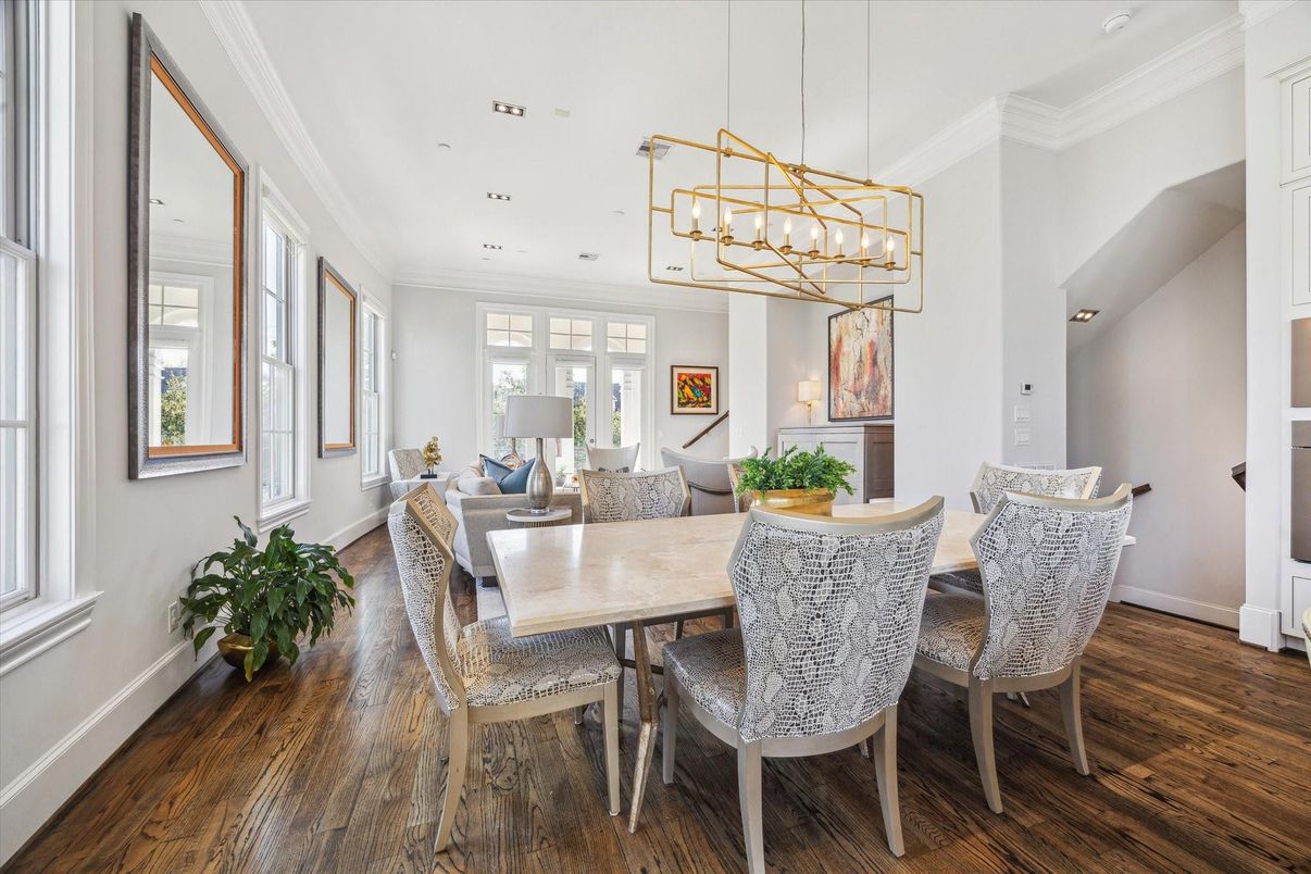 Dining room, Interior, Pendant Lights, Recessed Lighting, Wood Texture Flooring