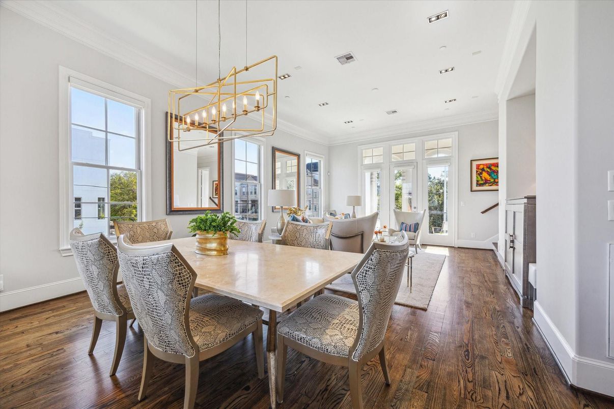 Dining room, Interior, Living room, Pendant Lights, Recessed Lighting, Wood Texture Flooring