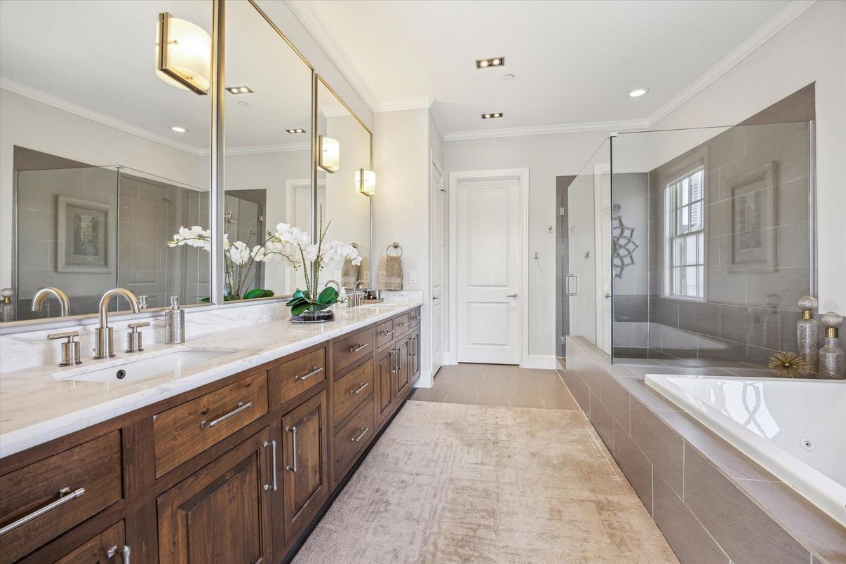 Bathroom, Dual Sink Vanities, Glass Shower, Interior, Recessed Lighting