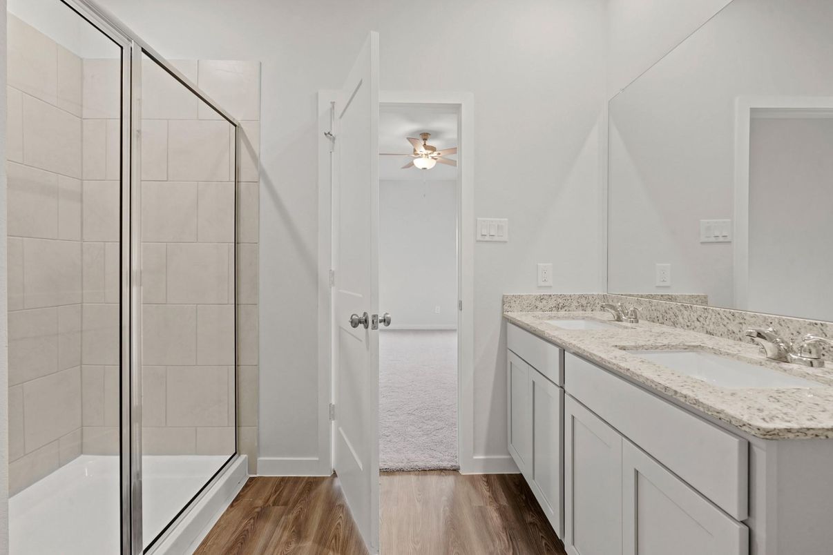 Bathroom, Glass Shower, Interior, Wood Texture Flooring