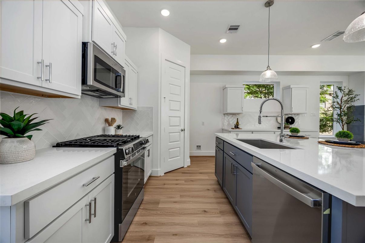 Interior, Kitchen, Pendant Lights, Recessed Lighting, Stainless Steel Appliances, Wood Texture Flooring
