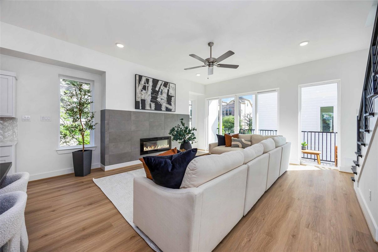 Fireplace, Interior, Living room, Recessed Lighting, Wood Texture Flooring