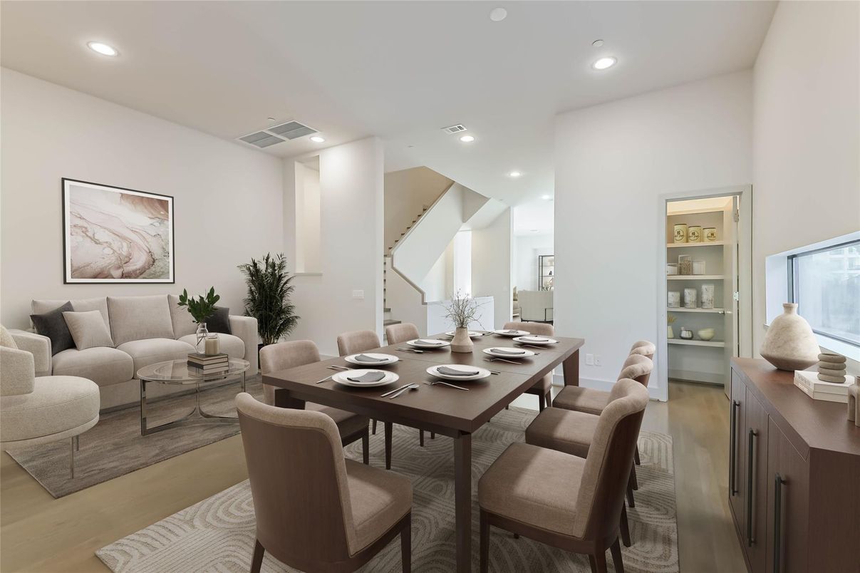 Dining room, Interior, Living room, Recessed Lighting, Wood Texture Flooring