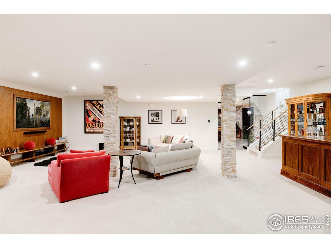 Fireplace, Interior, Living room, Recessed Lighting, Stone Walls