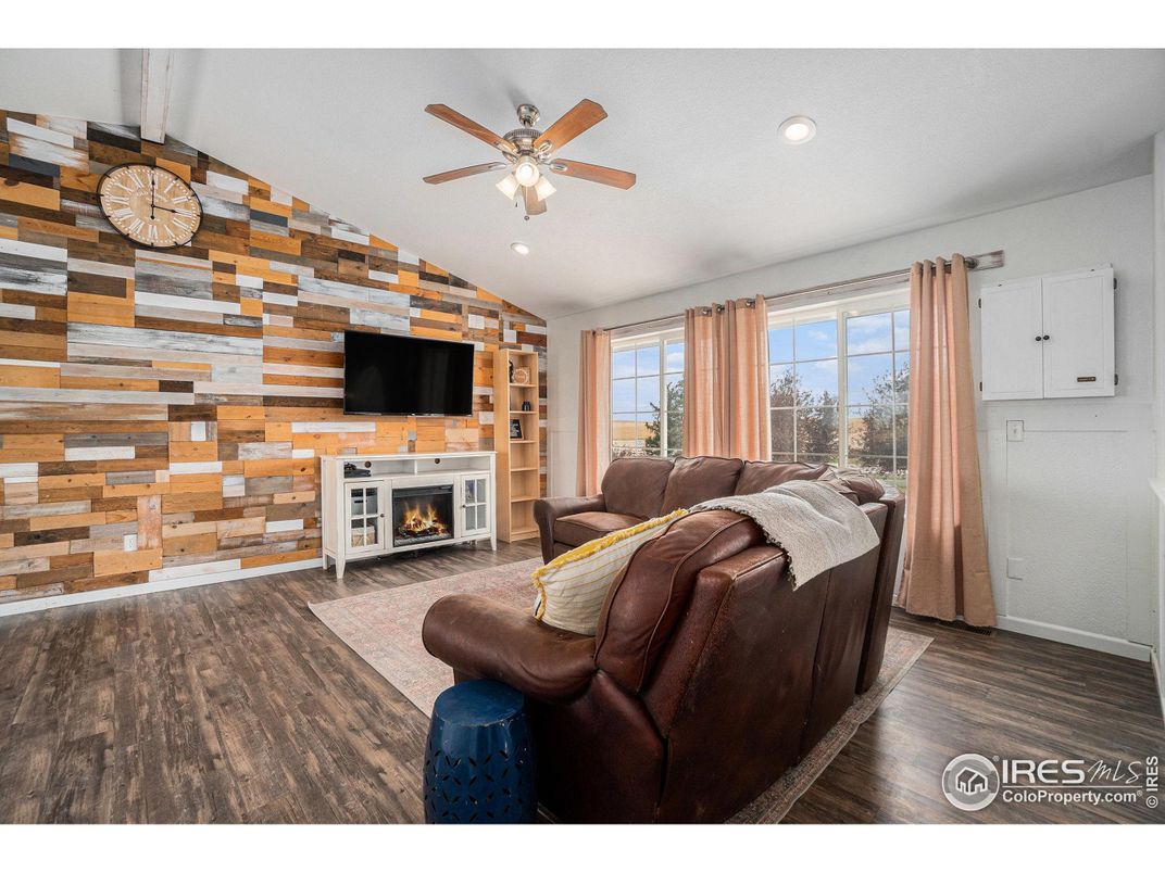 Fireplace, Interior, Living room, Recessed Lighting, Wood Texture Flooring, Wooden Walls