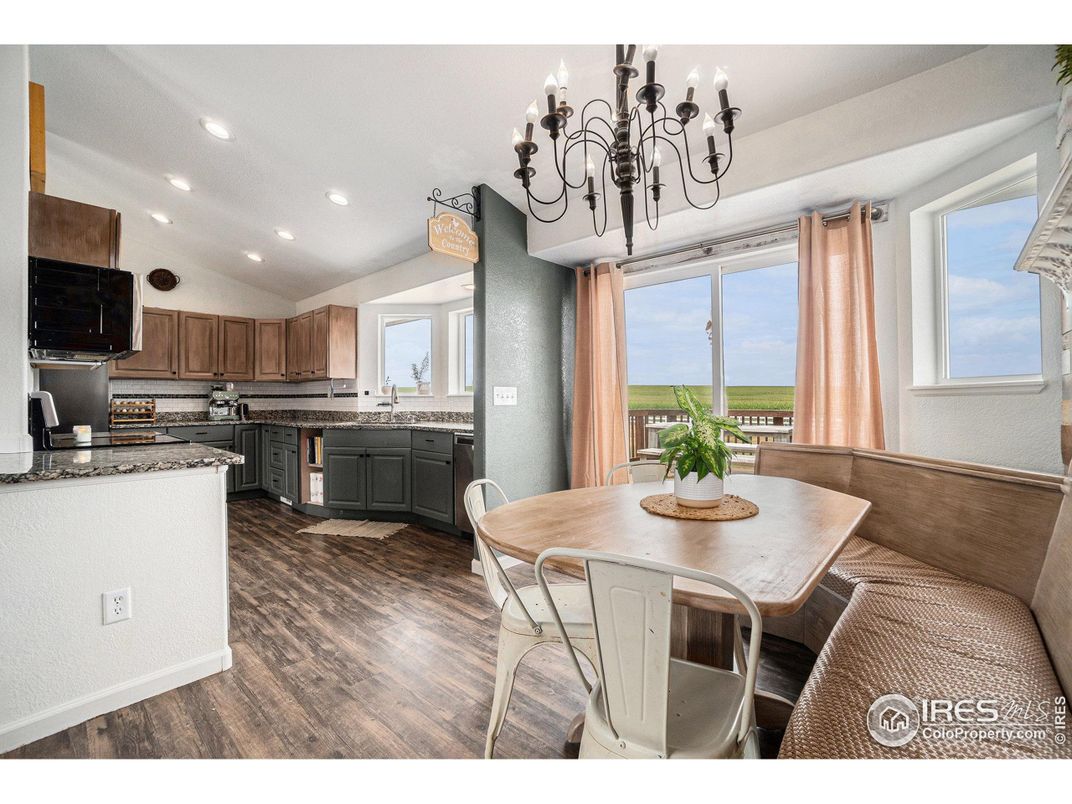 Chandelier, Dining room, Interior, Kitchen, Recessed Lighting, Wood Texture Flooring