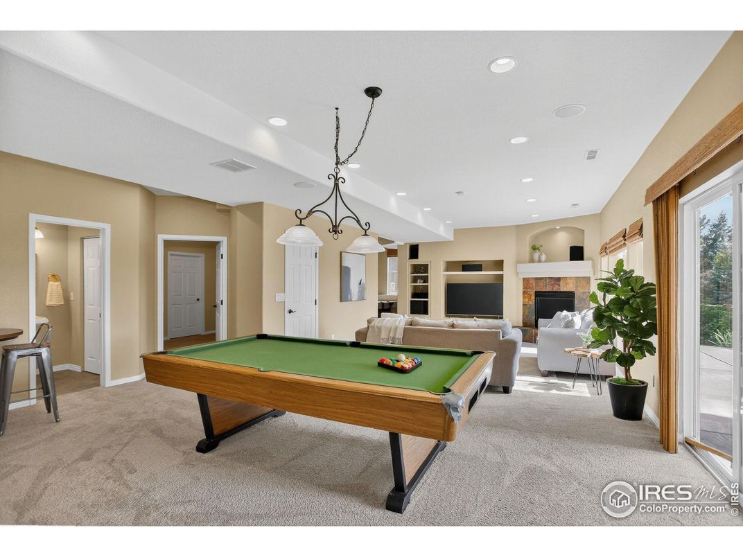 Billiard Table, Fireplace, Game Room, Interior, Living room, Pendant Lights, Recessed Lighting